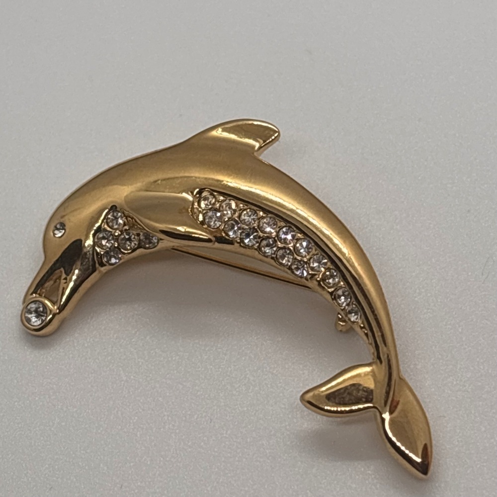 Rhinestone Dolphin Brooch Pin Gold Tone Crystal Animal Jewelry‎ Accessory